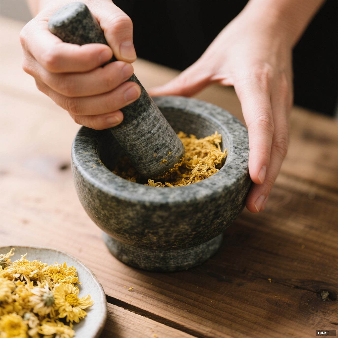 close-up of hands using a granite mortar and pestle to grind dried&hellip;, featuring Chinese herbal medicine tools