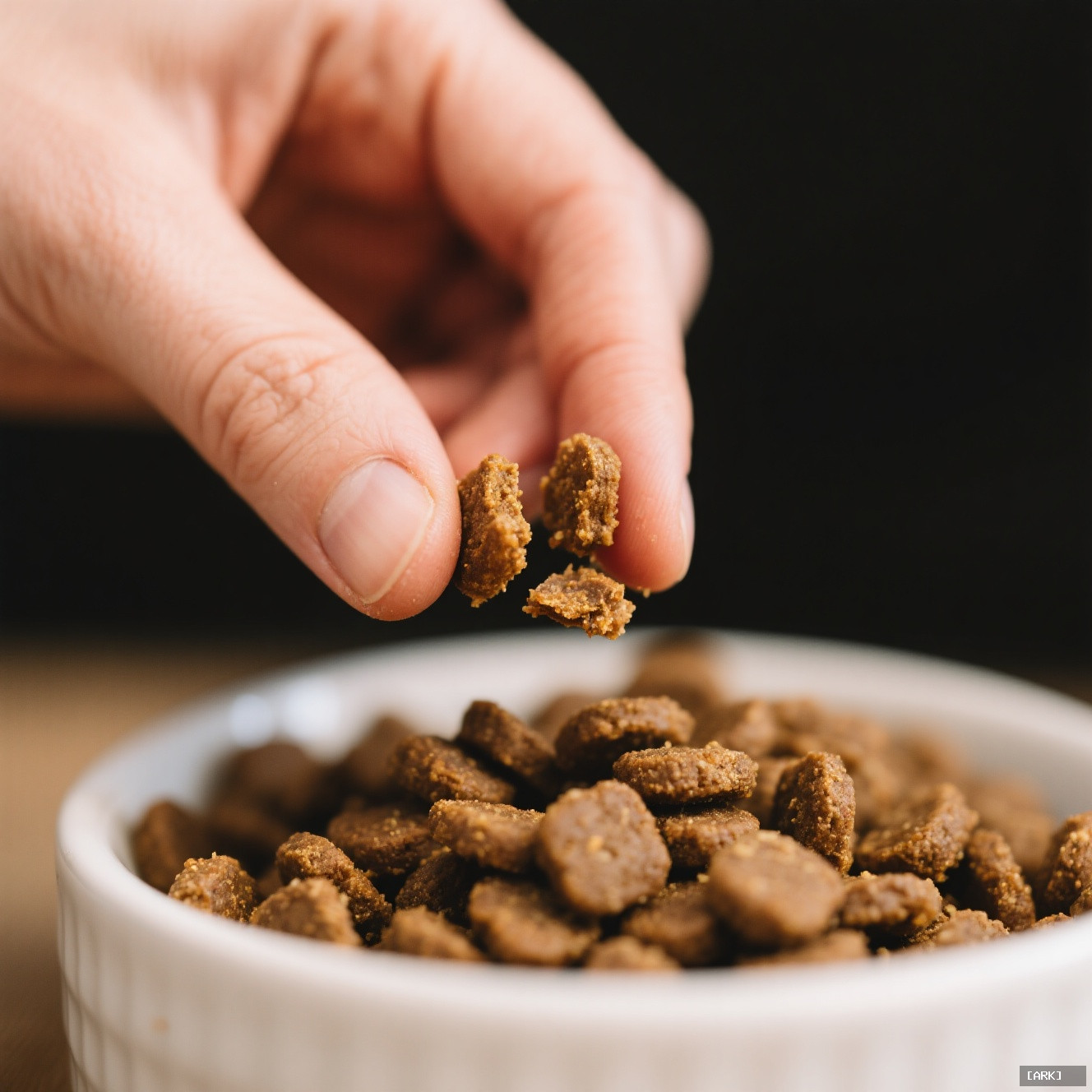 Close-up of a person's hand crumbling a piece of brown air-dried dog…, featuring Air dried dog food