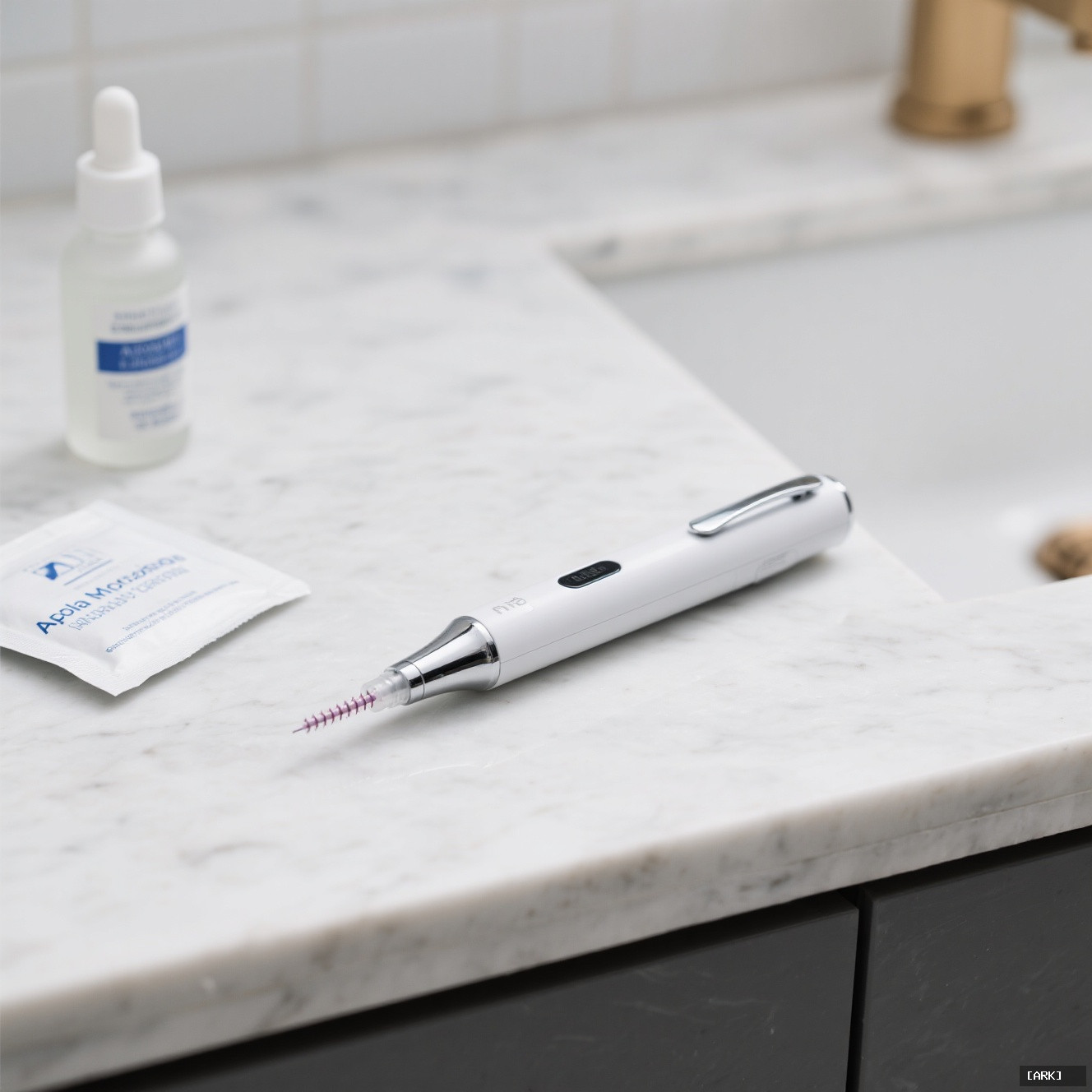 Close-up photo of a modern microneedling pen device on a clean minimalist…, featuring At home microneedling pen