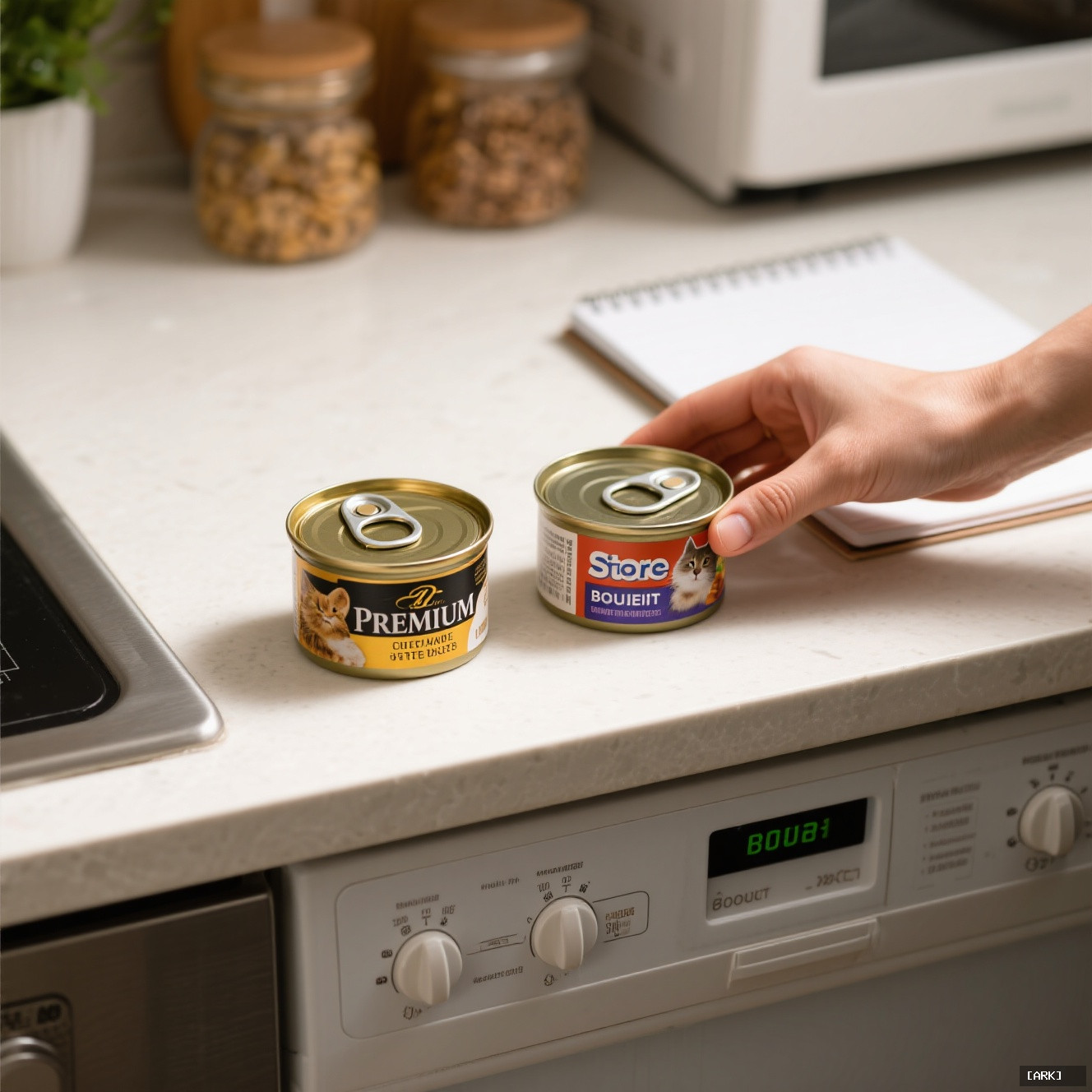 close-up of a person's hand comparing two different cat food cans one&hellip;