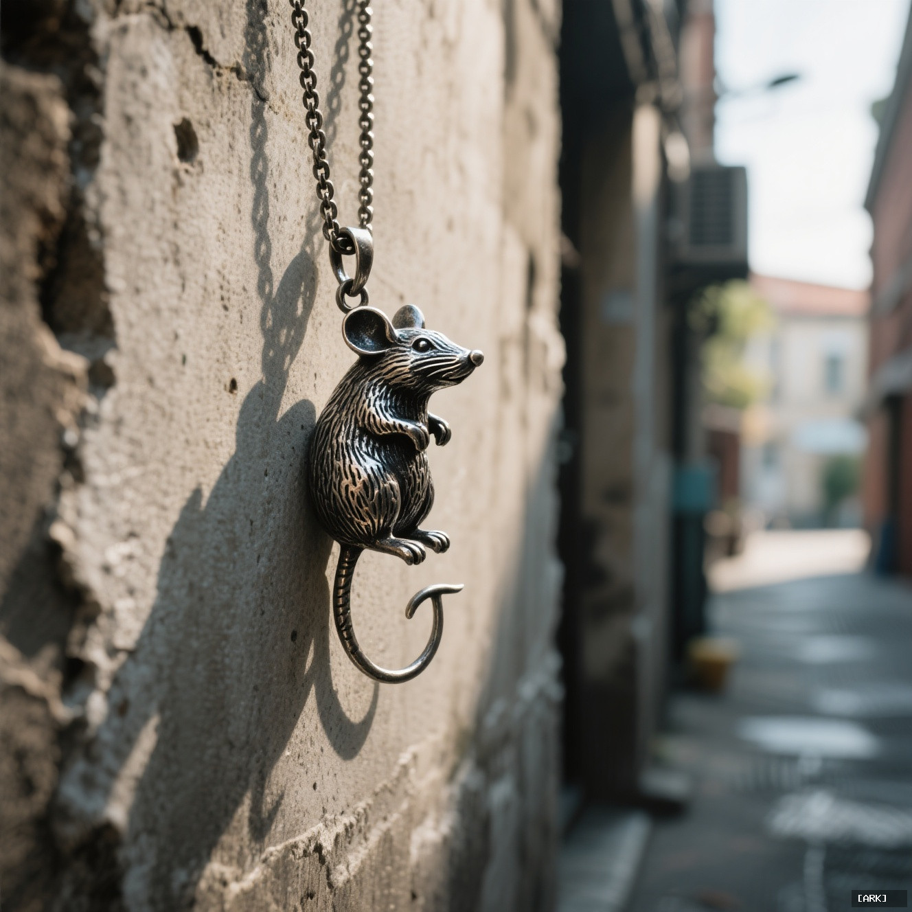 Close-up of a textured metal rat zodiac pendant resting on a weathered…, featuring Chinese zodiac charms