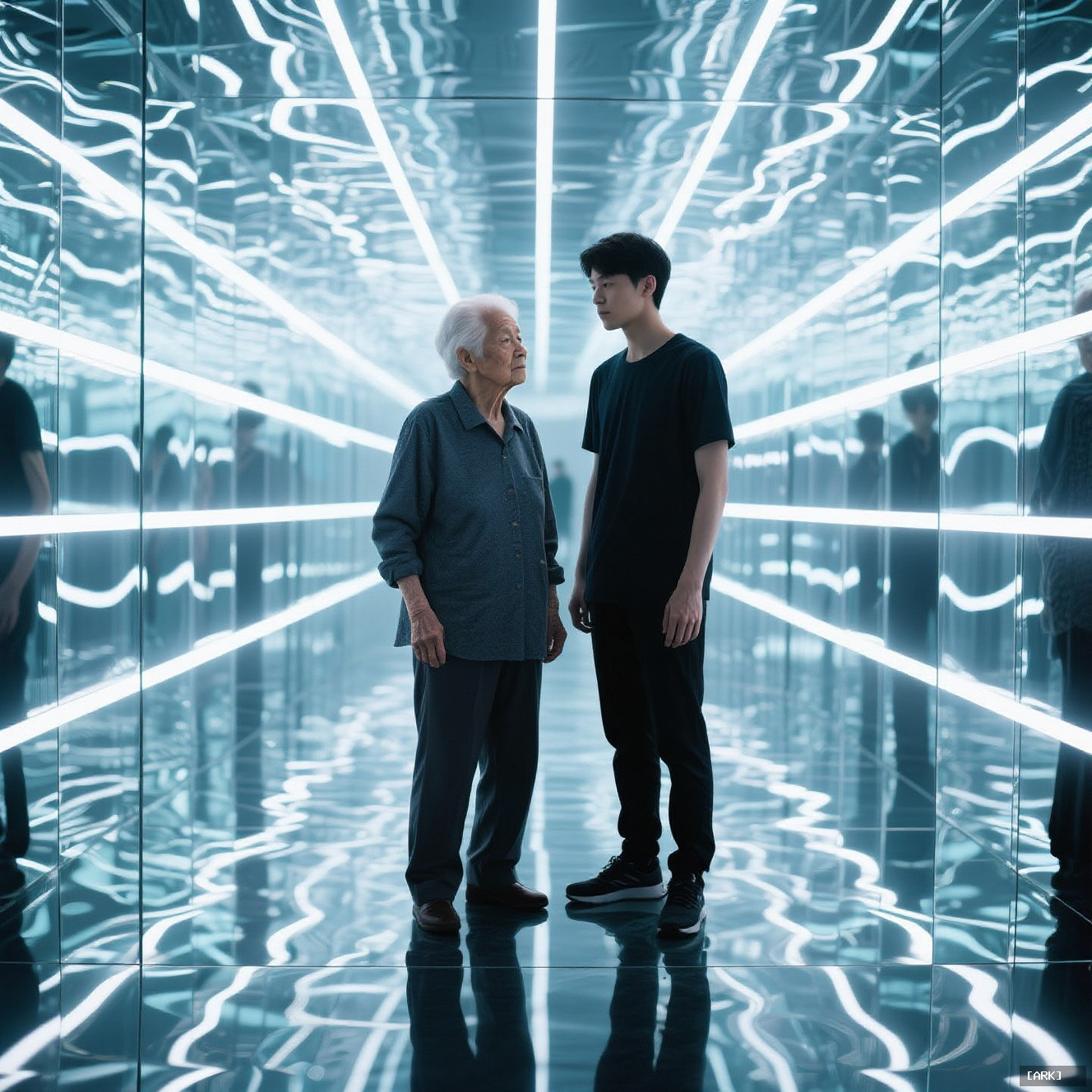 elderly person and young adult standing together inside a large immersive light&hellip;, featuring Contemporary art instal…