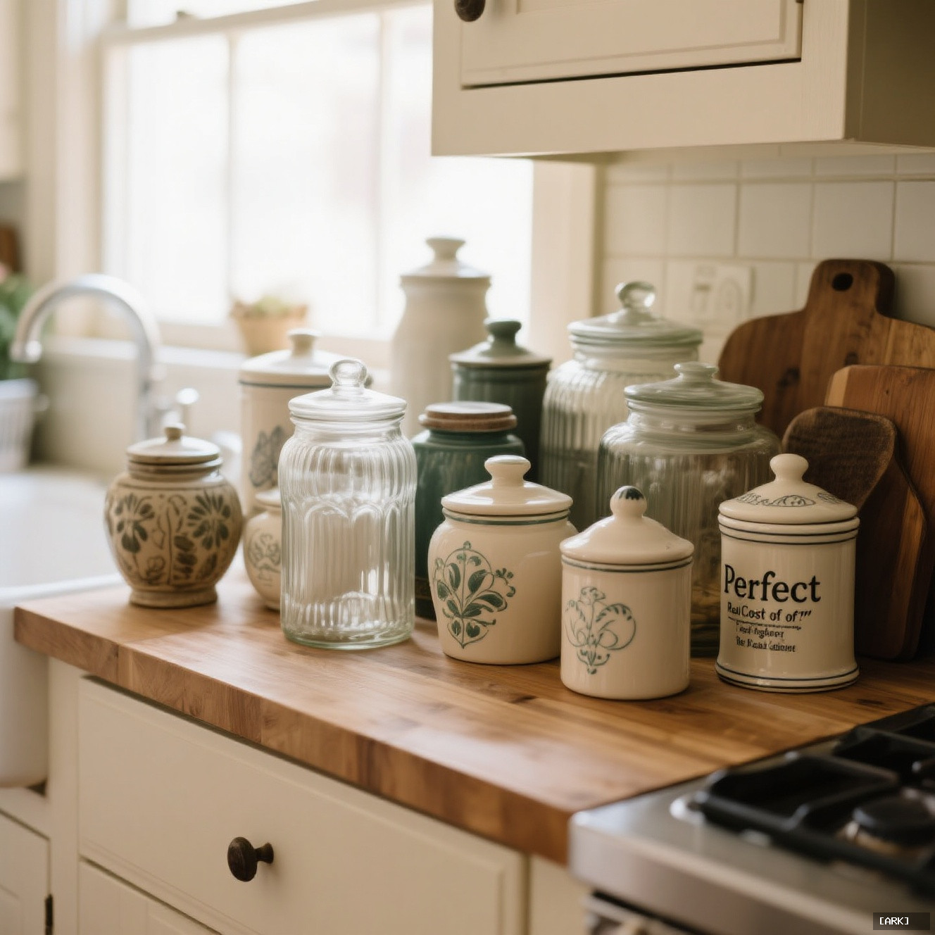 eclectic collection of mismatched vintage glass jars and ceramic canisters on a&hellip;, featuring Decorative kitchen cani…
