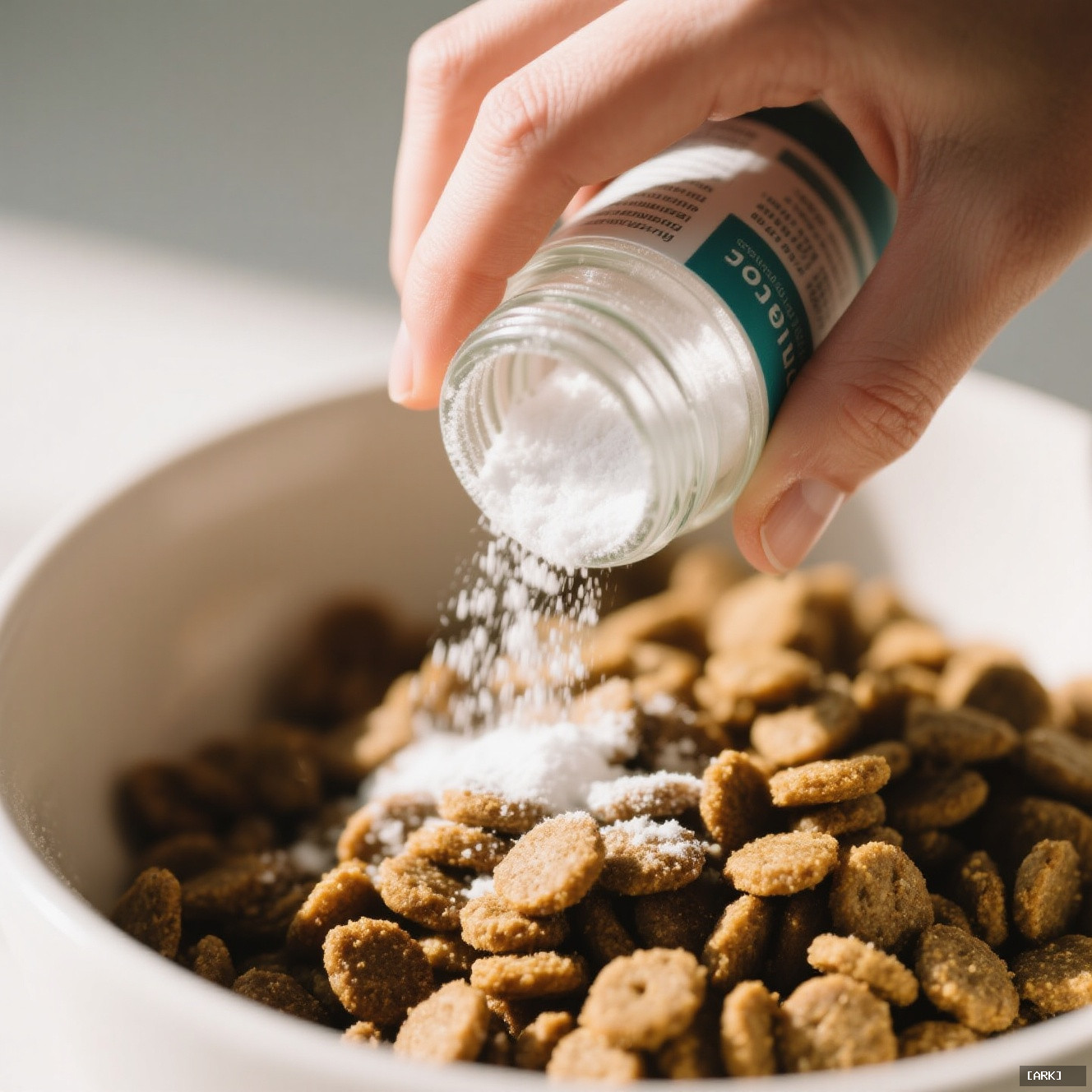 Close-up of a hand sprinkling fine white powder from a glass jar&hellip;, featuring Dog dental powder