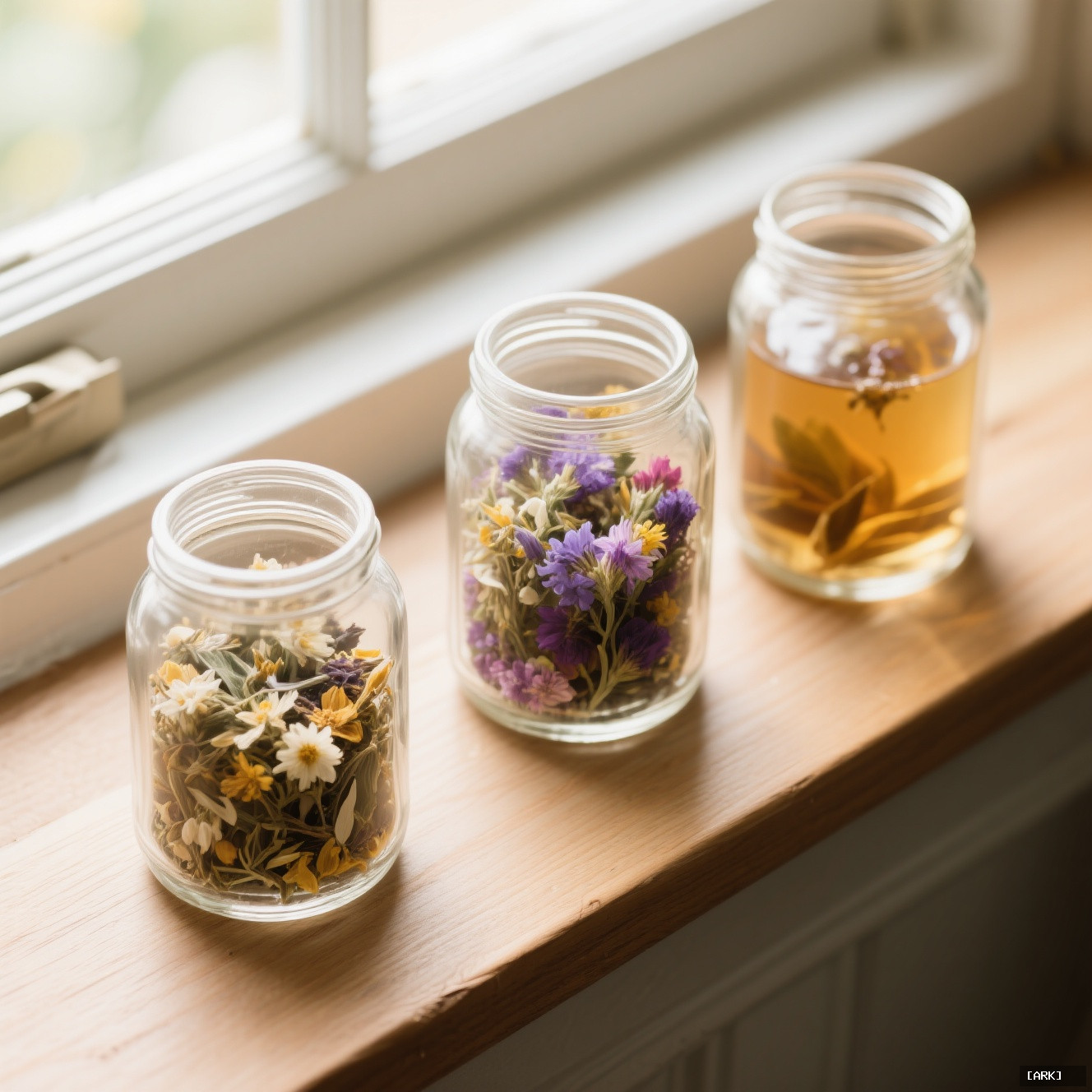 Overhead shot of three clear glass jars with different floral tea blends&hellip;