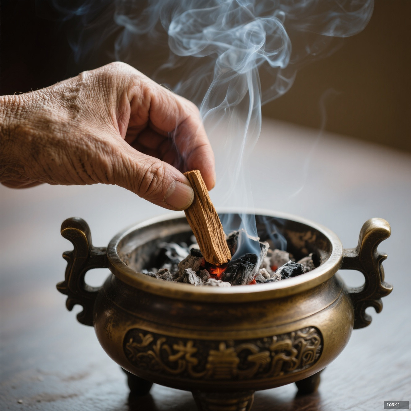 Close-up of a weathered hand placing a piece of sandalwood on hot…, featuring Chinese incense burners