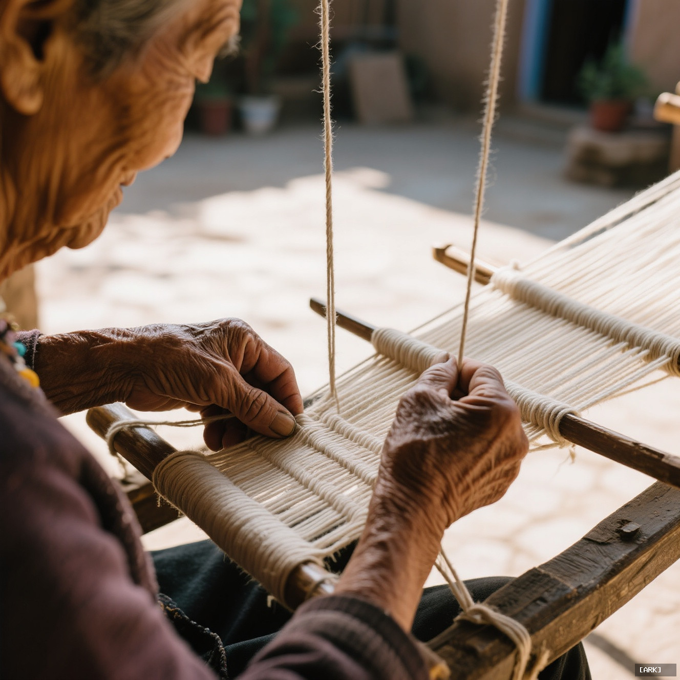 Close-up of elderly hands weaving on a backstrap loom showing intricate tension…, featuring Ethnic textile crafts