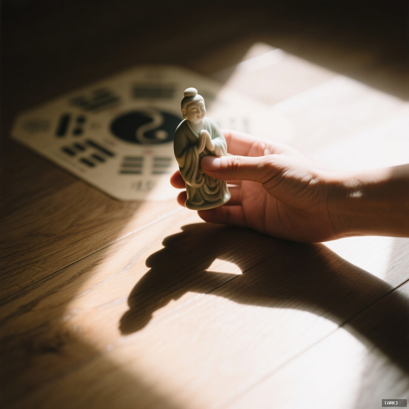 close up of a hand holding a ceramic figurine with afternoon sunlight&hellip;, featuring Feng Shui object placement