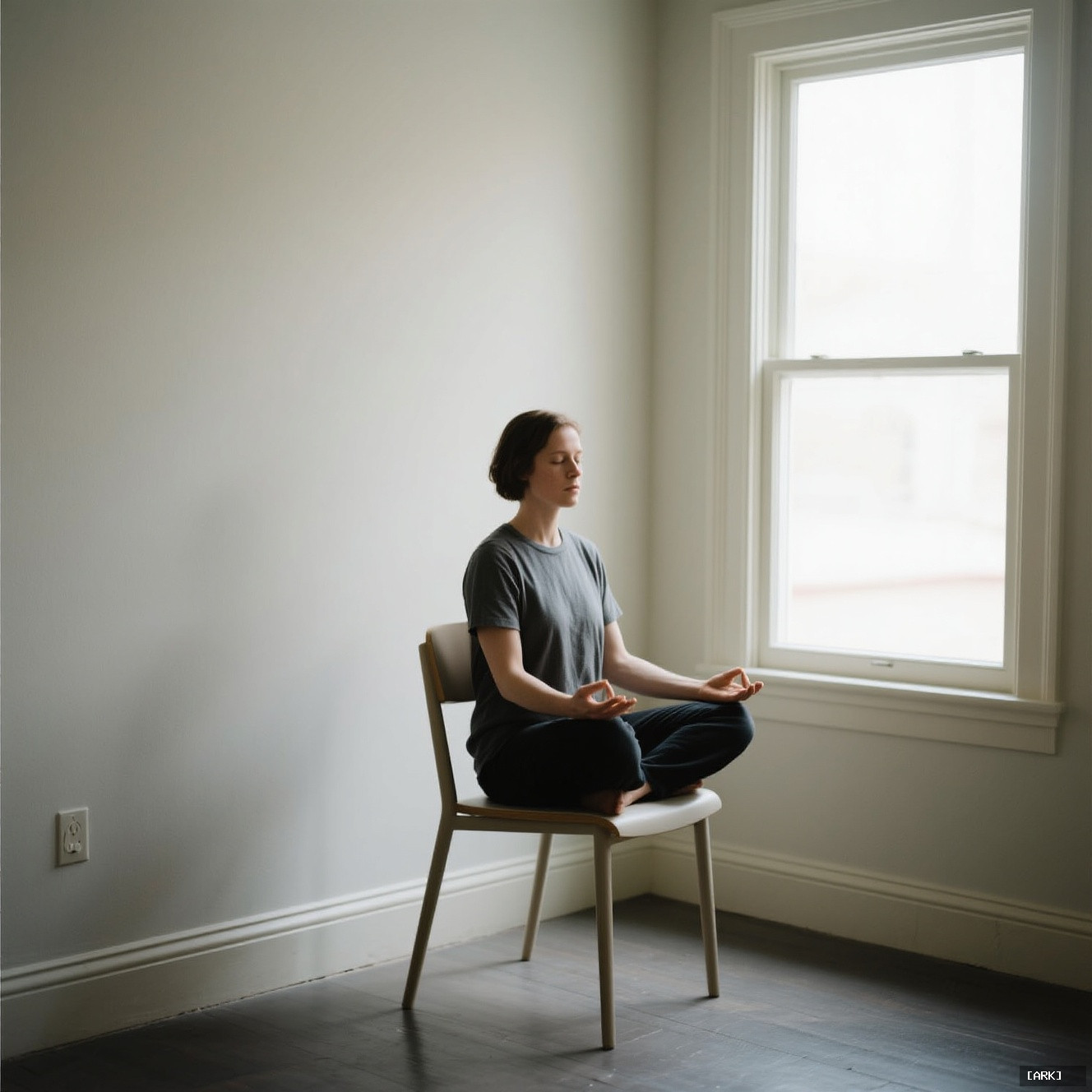 person sitting still on a simple chair by a window morning light…, featuring benefits of meditation