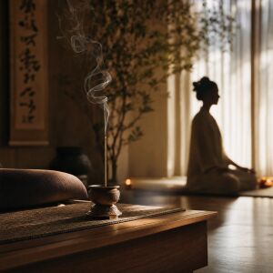 silver art Peaceful meditation space with burning Tibetan incense - serene atmosphere for mindfulness practice authentic monastery fragrance