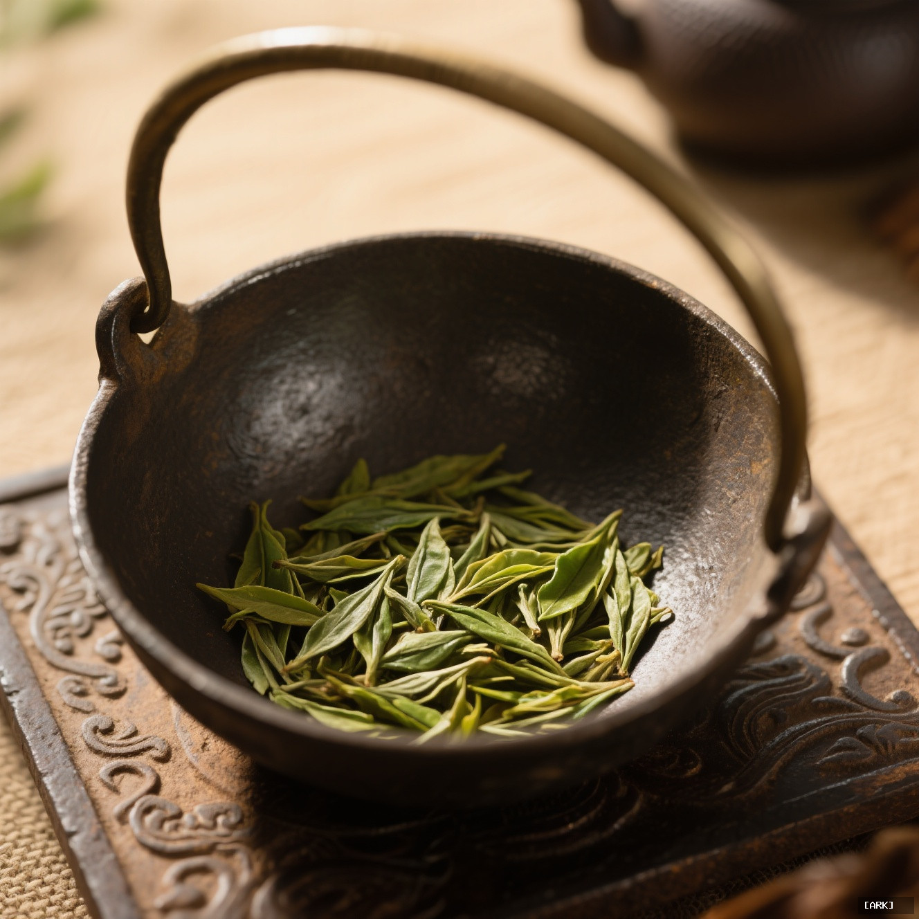 Close-up of antique Chinese iron tea pan with fresh Longjing tea leaves&hellip;, featuring Chinese green tea varieties