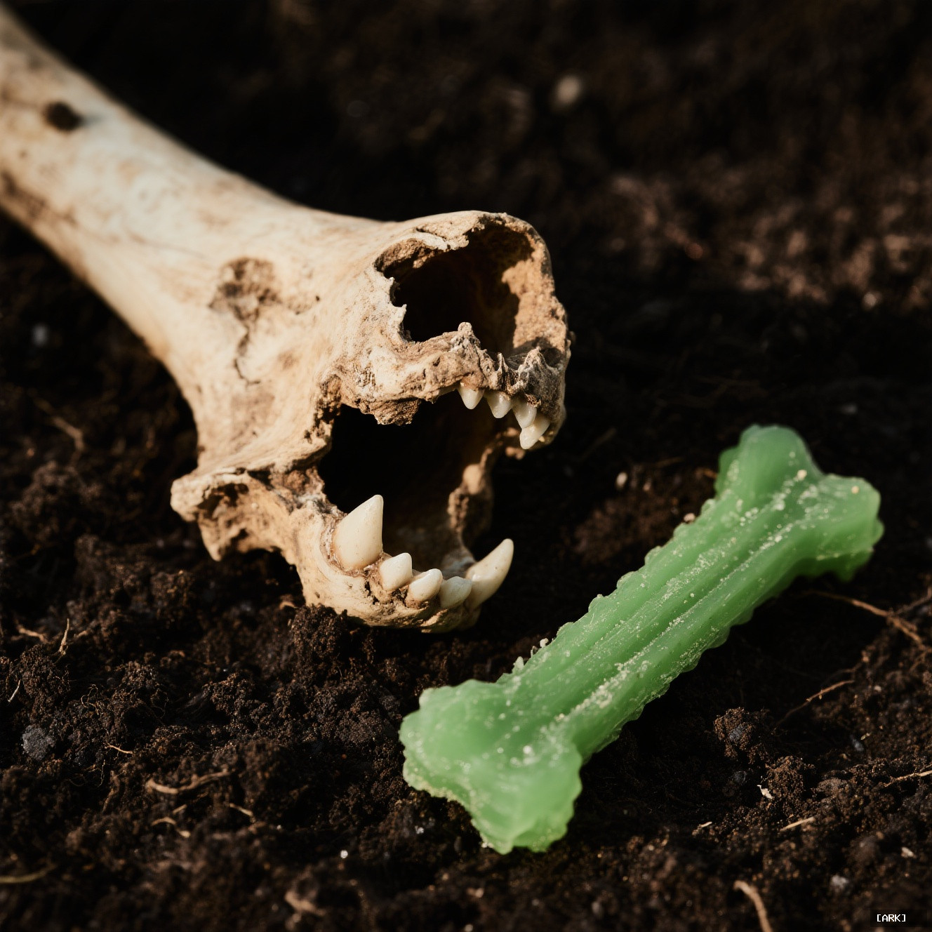 Close-up of an ancient gnawed animal bone on dark soil next to&hellip;, featuring Dog dental chews