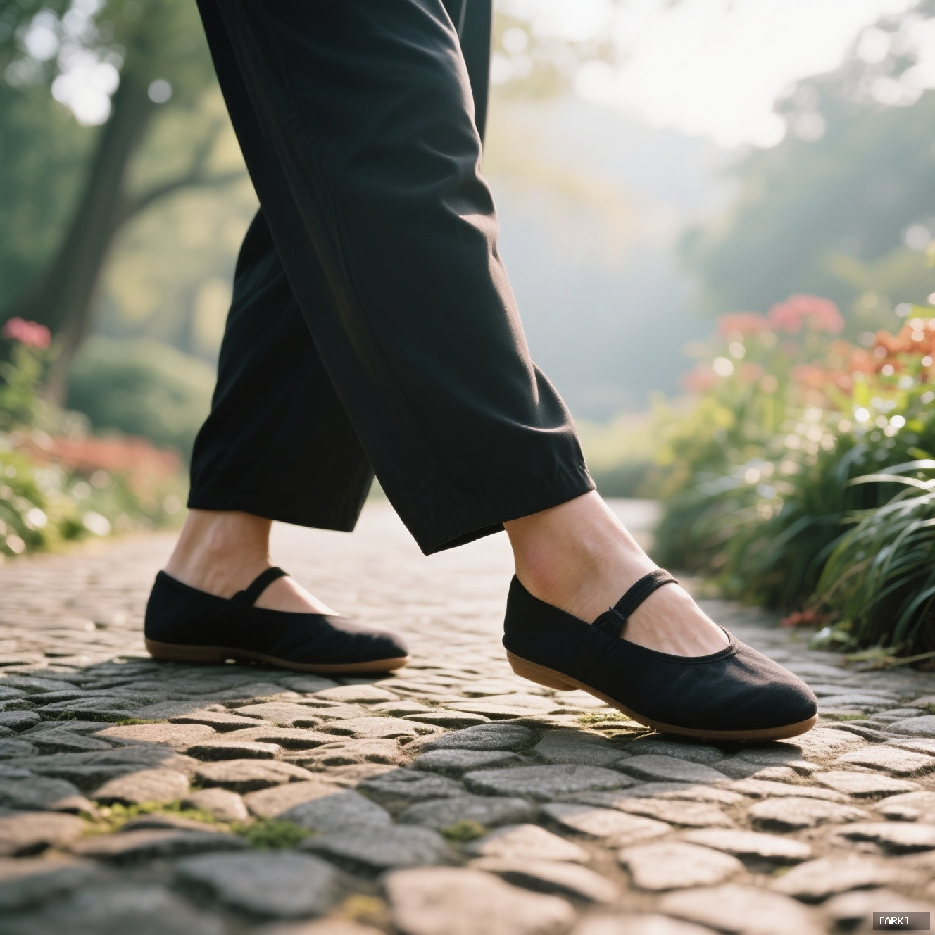 Close-up shot of feet in flat shoes performing the slow rolling step…, featuring Tai chi walking