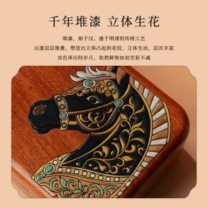 Guolu Year of the Horse Rosewood Jewelry Box - Handcrafted Lacquer Wooden Storage Box with Portable Design, Premium Gift for Women's Day - Handmade Chinese Gift Detail