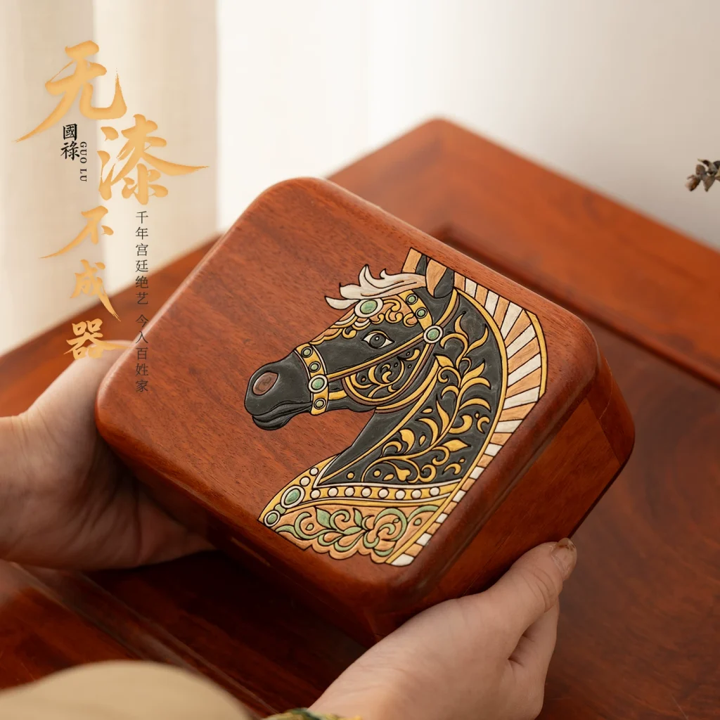 Guolu Year of the Horse Rosewood Jewelry Box - Handcrafted Lacquer Wooden Storage Box with Portable Design, Premium Gift for Women's Day - Handmade Chinese Cultural Gift