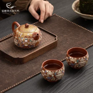 Dunhuang Auspicious Beast Purple Clay Tea Set with Gold/Silver Inlay - Museum Cultural Gift for Elders and Leaders - Handmade Chinese Gift Detail