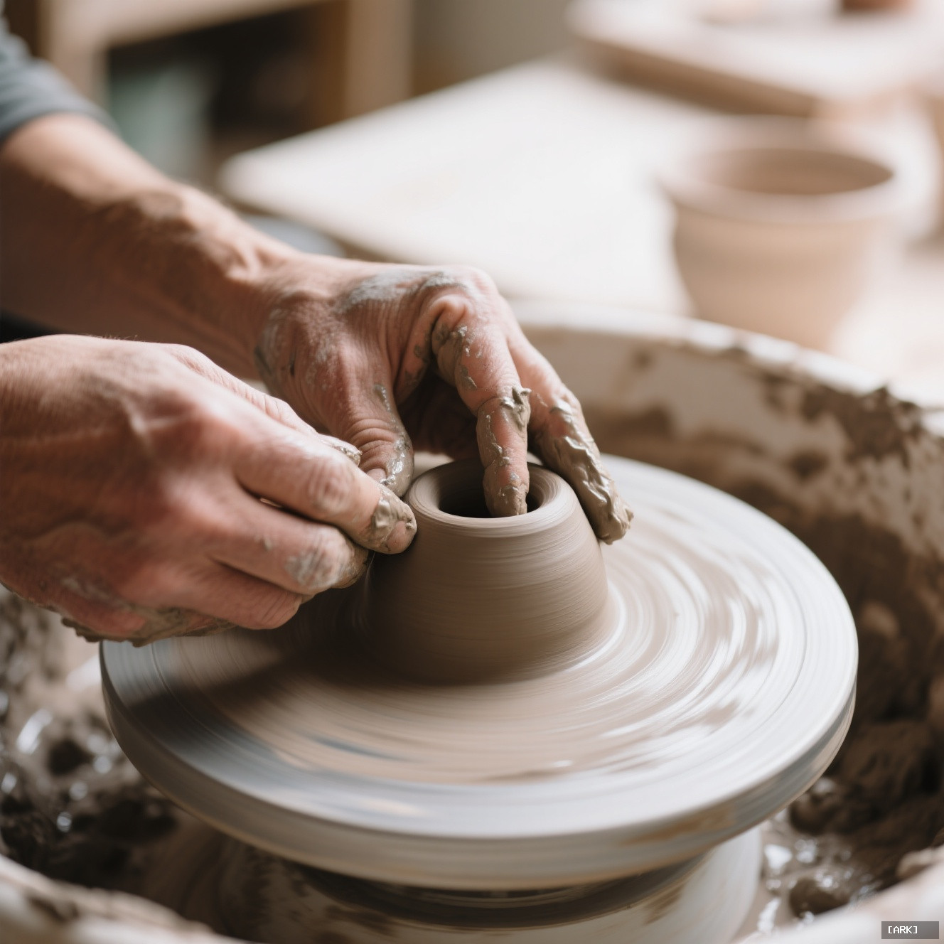 Close-up of artisan's hands shaping wet clay on a pottery wheel focused…, featuring Digital marketing for tradition…