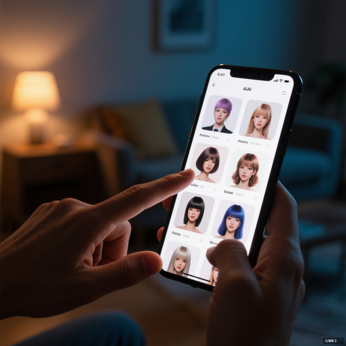 close-up photo of person's hand swiping through different AI-generated hairstyles on a…, featuring AI hairstyle app