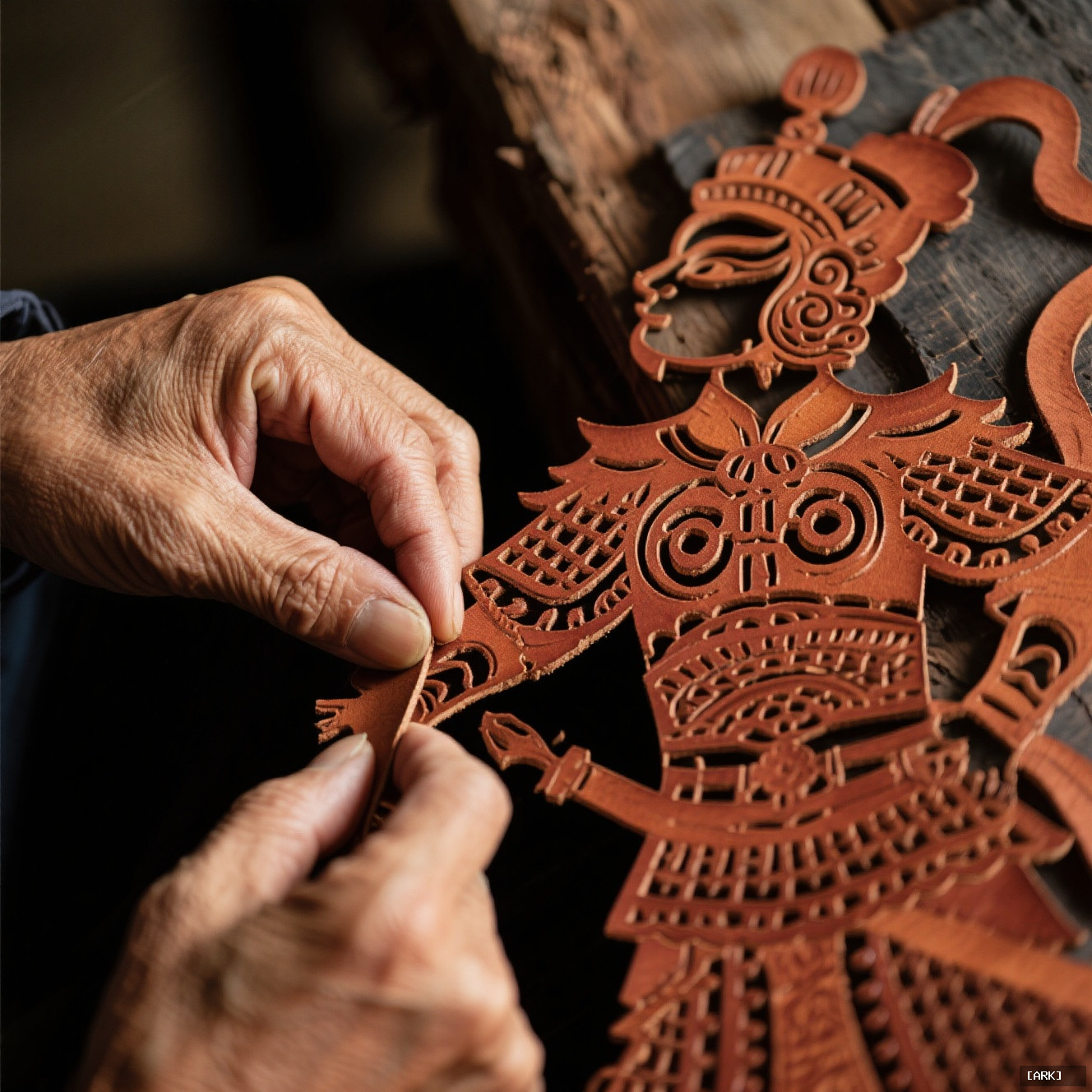Close-up of a master carver's hands intricately cutting a detailed Chinese general&hellip;, featuring Chinese shadow puppets