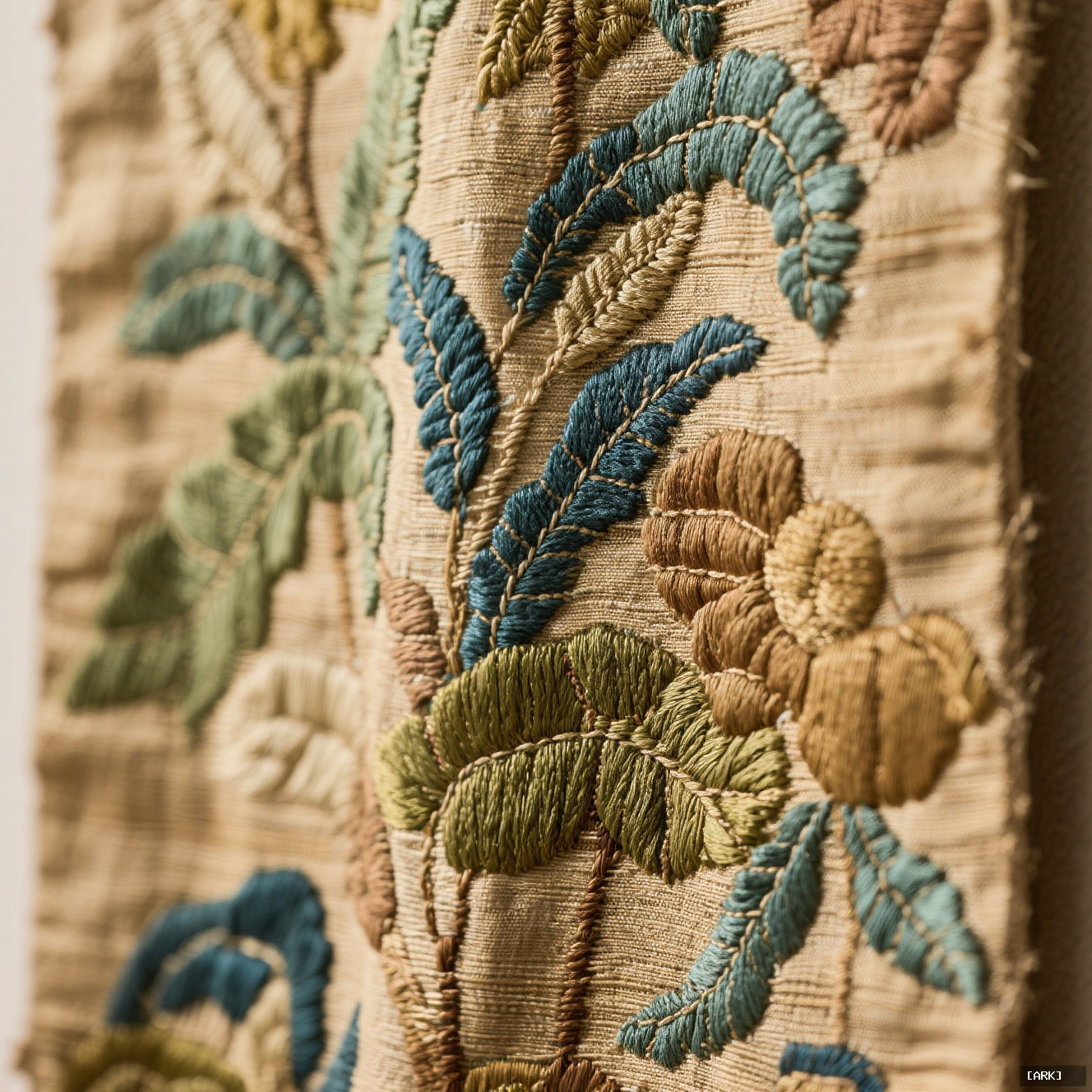 Close-up detail of a hand-stitched Chinese silk tapestry showing natural dye variations…, featuring Chinese tapestr…