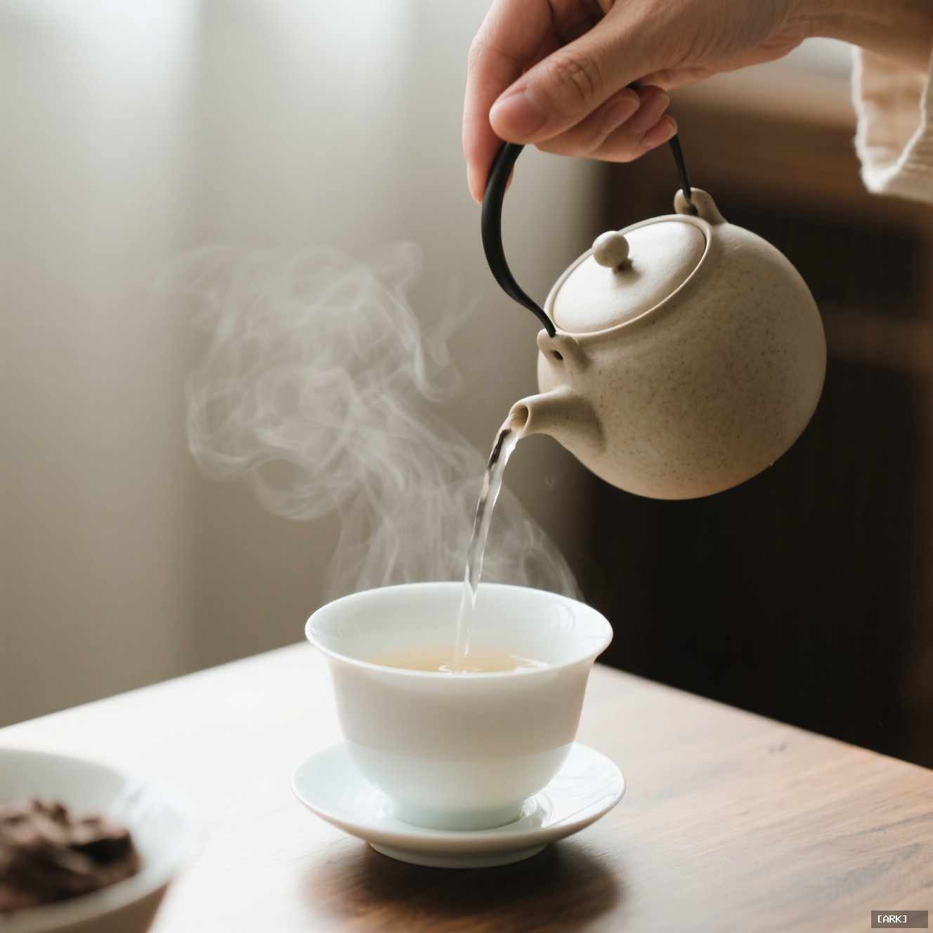 Close-up of hands pouring hot water from a simple kettle into a&hellip;, featuring Chinese tea culture