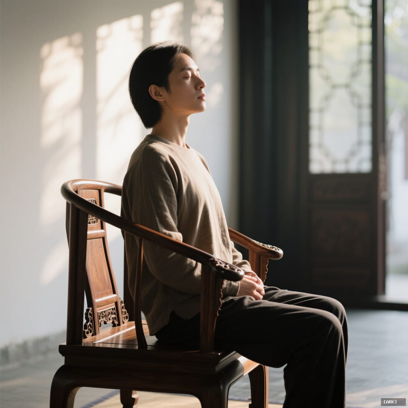 A person sitting upright in a Ming dynasty-style huanghuali armchair backlit by&hellip;, featuring Chinese traditional fur…