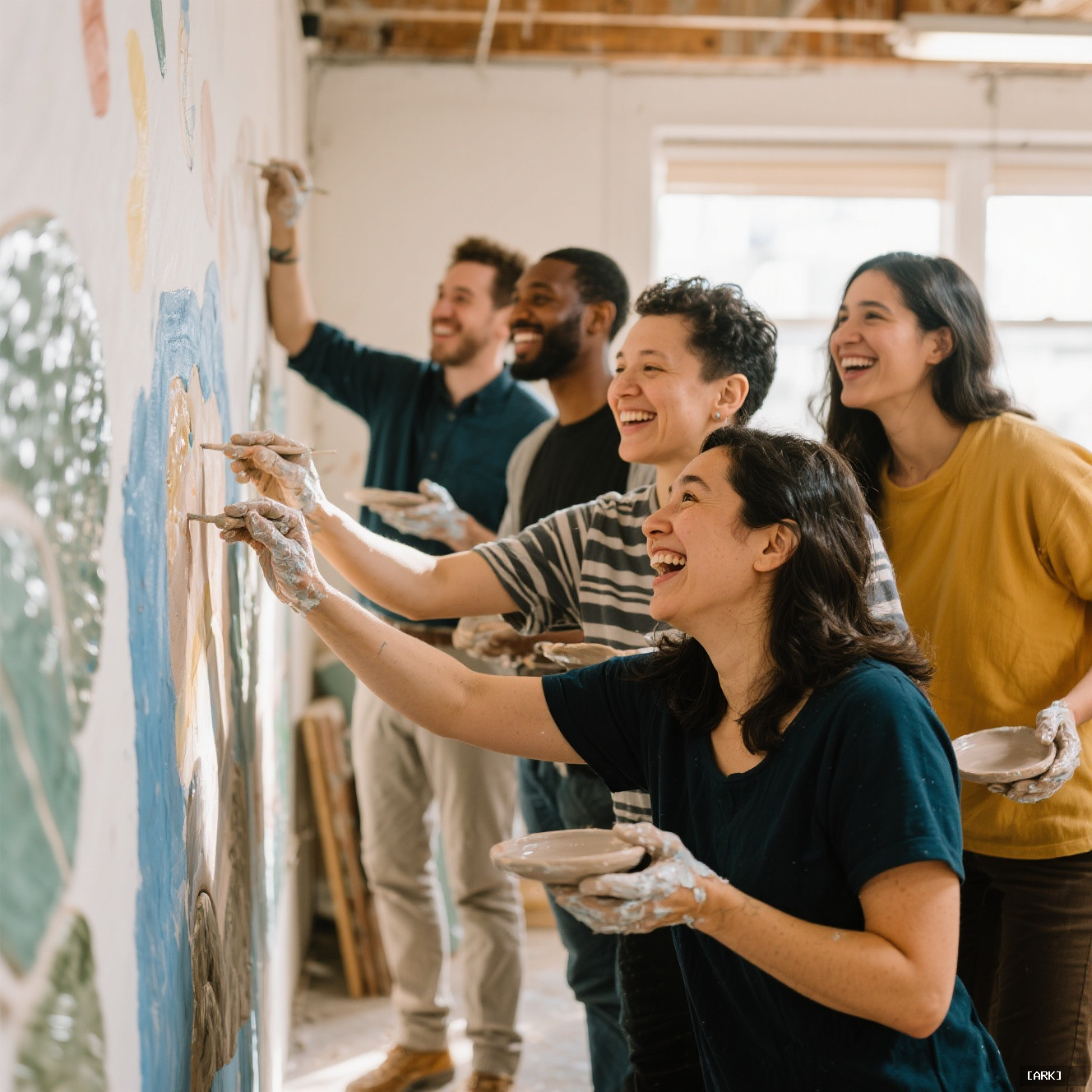 A diverse group of adults laughing and concentrating while collaboratively painting a…, featuring Craft workshops f…