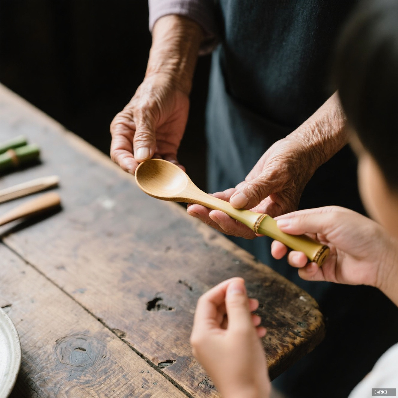 close-up of aged and young hands together holding a bespoke bamboo cooking…, featuring Custom-made bamboo utensils