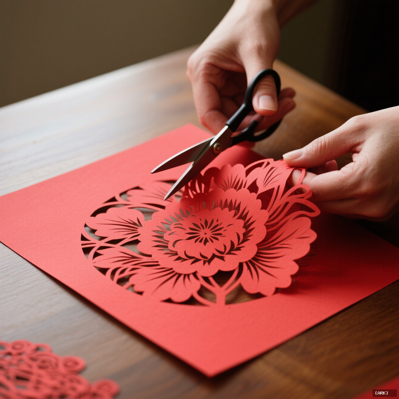 Close-up of hands using fine scissors to cut intricate floral pattern from&hellip;, featuring DIY Chinese paper cutting tu…
