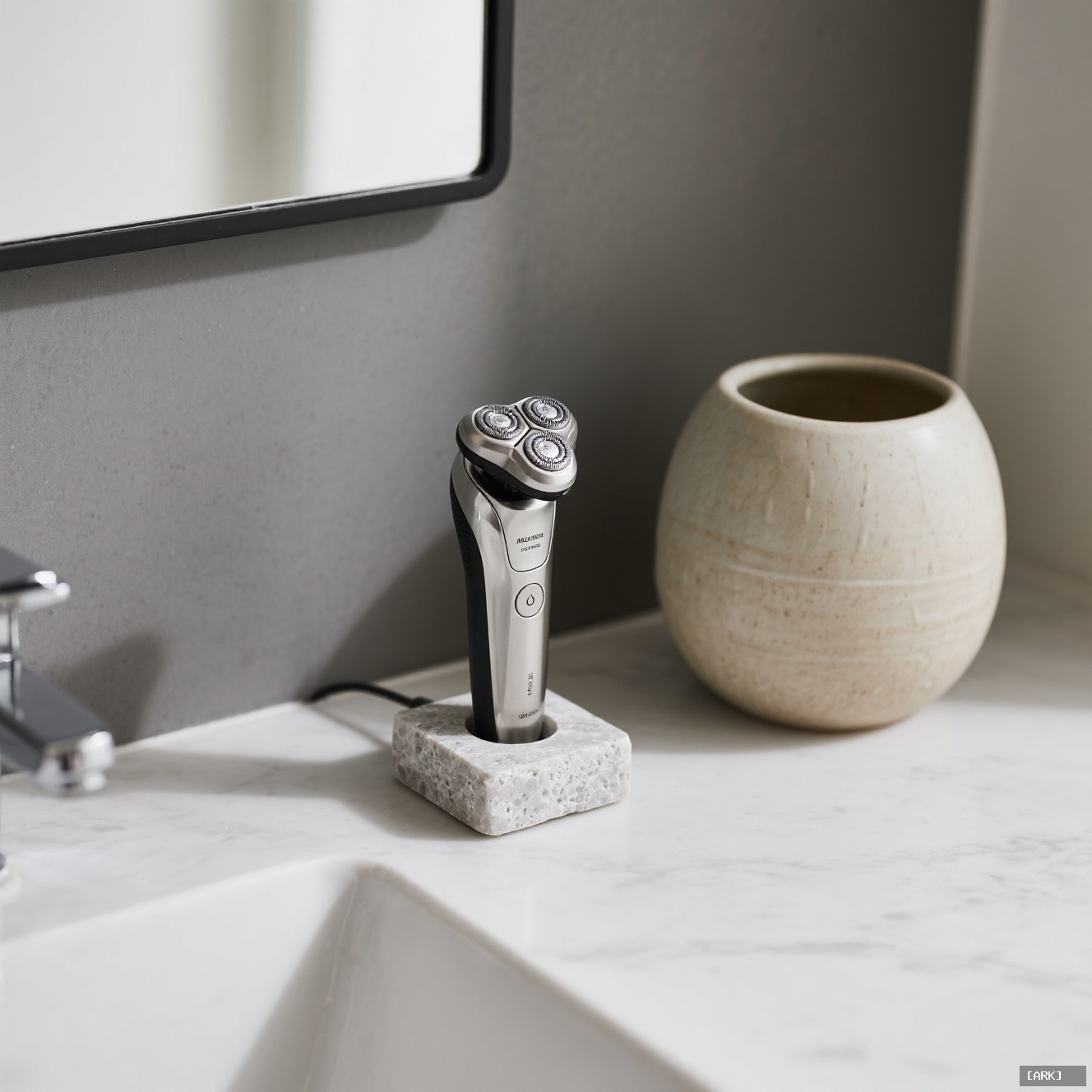 A minimalist bathroom countertop with a high-end silver electric rotary shaver on&hellip;