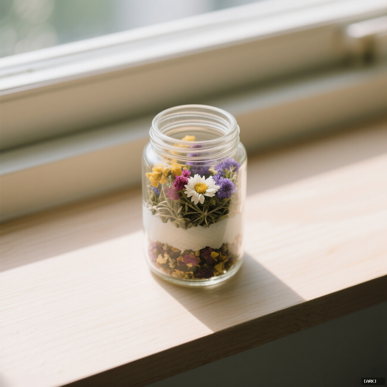 overhead shot of a clear glass jar with layered floral tea blend&hellip;, featuring Floral tea blends
