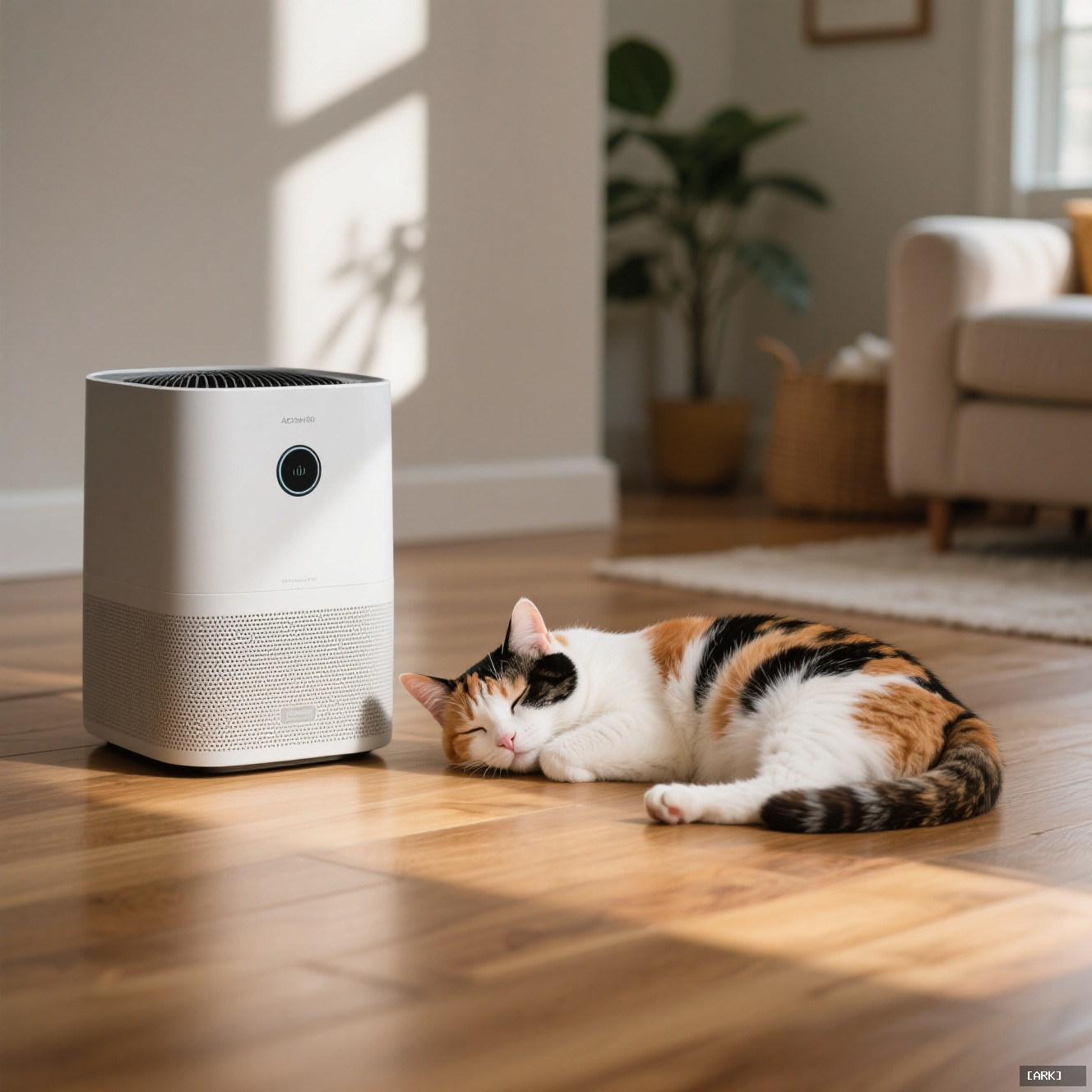 A calico cat napping peacefully beside a sleek modern air purifier on…, featuring Best air purifier for pets