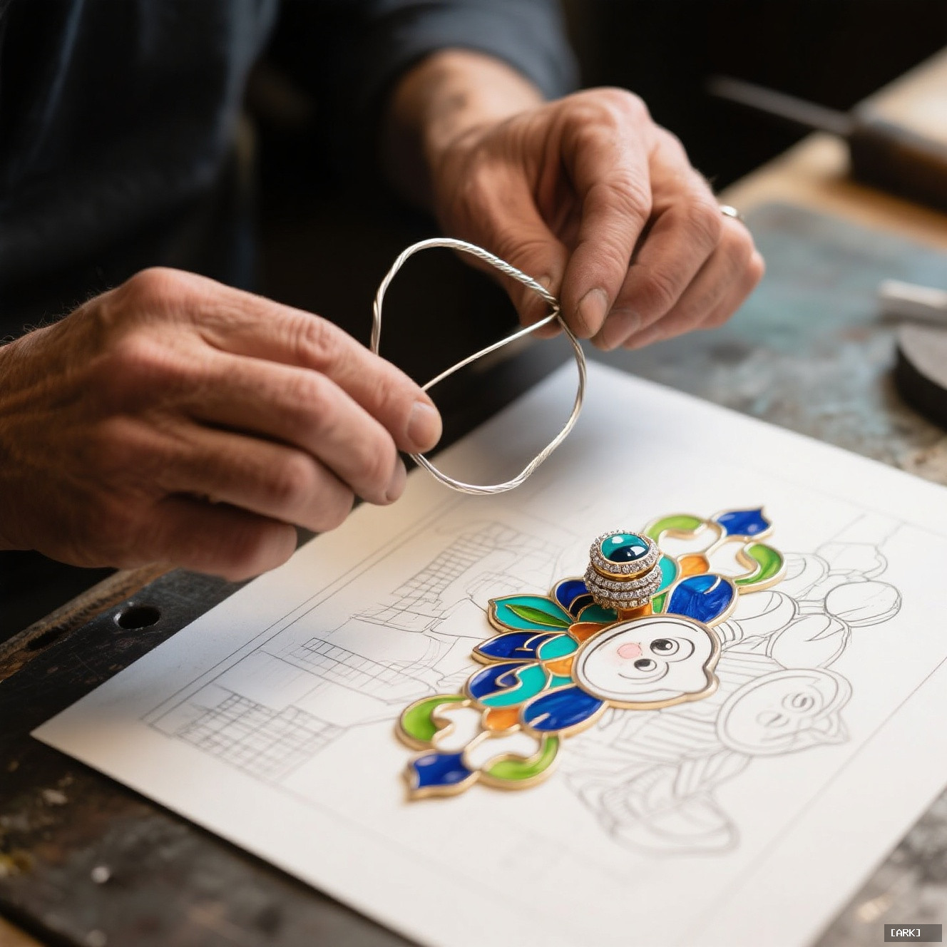 Close-up of artisan's hands bending fine silver wire over a detailed color&hellip;, featuring Cloisonné enamel process