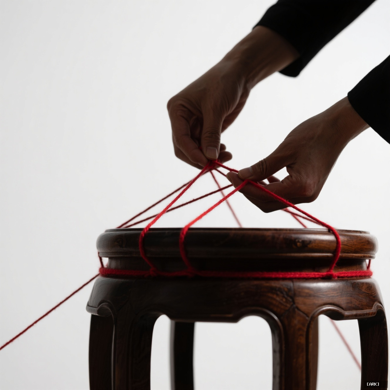 Close-up of a contemporary Chinese artist's hands meticulously winding red thread around…