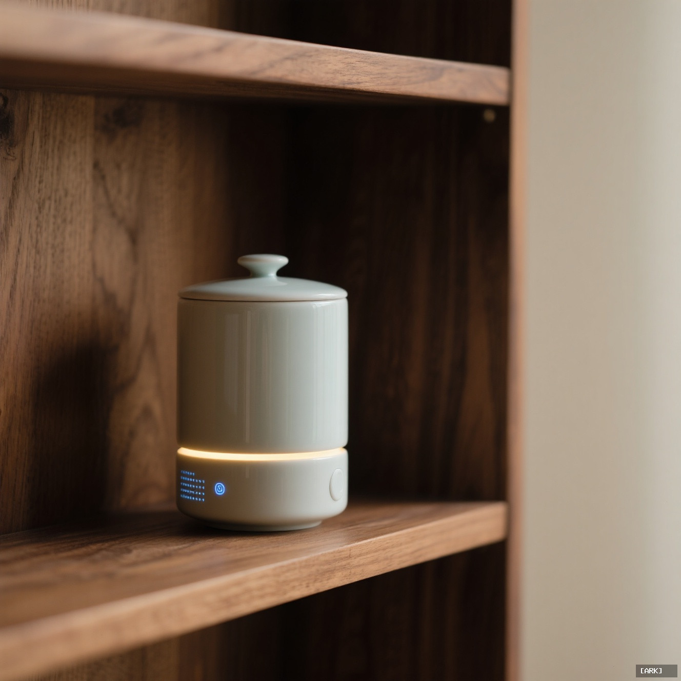 A sleek modern ceramic tea caddy with a subtly illuminated base on…, featuring Chinese herbal tea containers