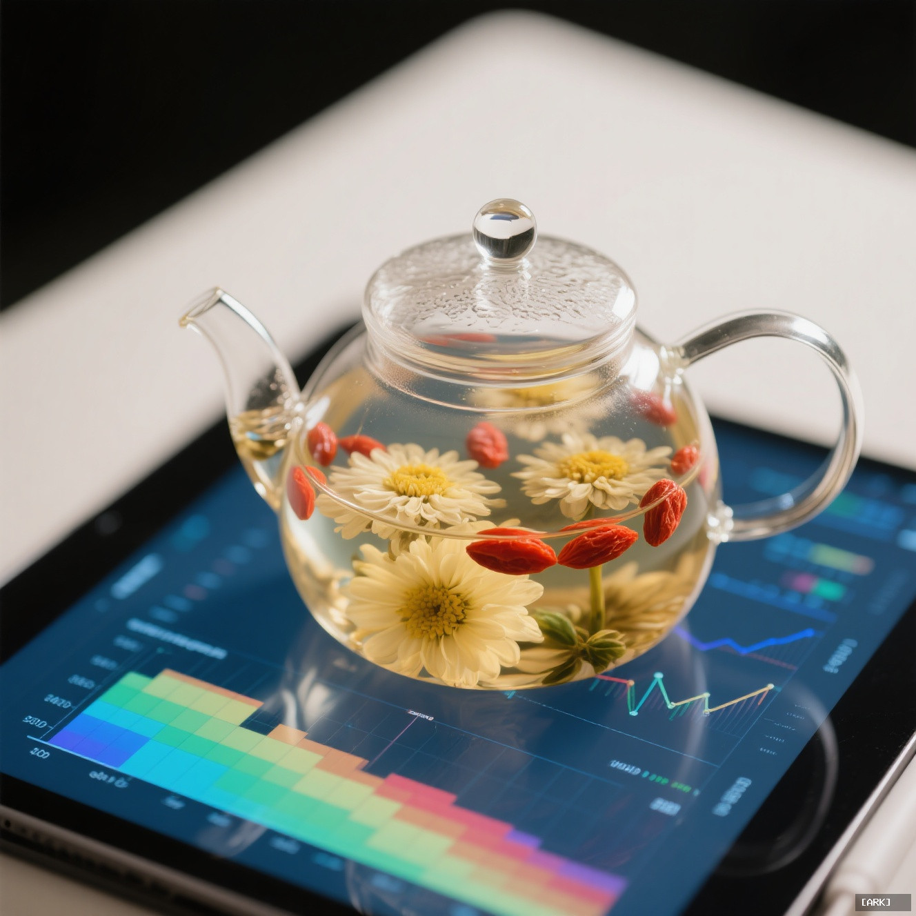 Close-up of a modern glass teapot with a clear infusion of chrysanthemum&hellip;, featuring Chinese herbal tea