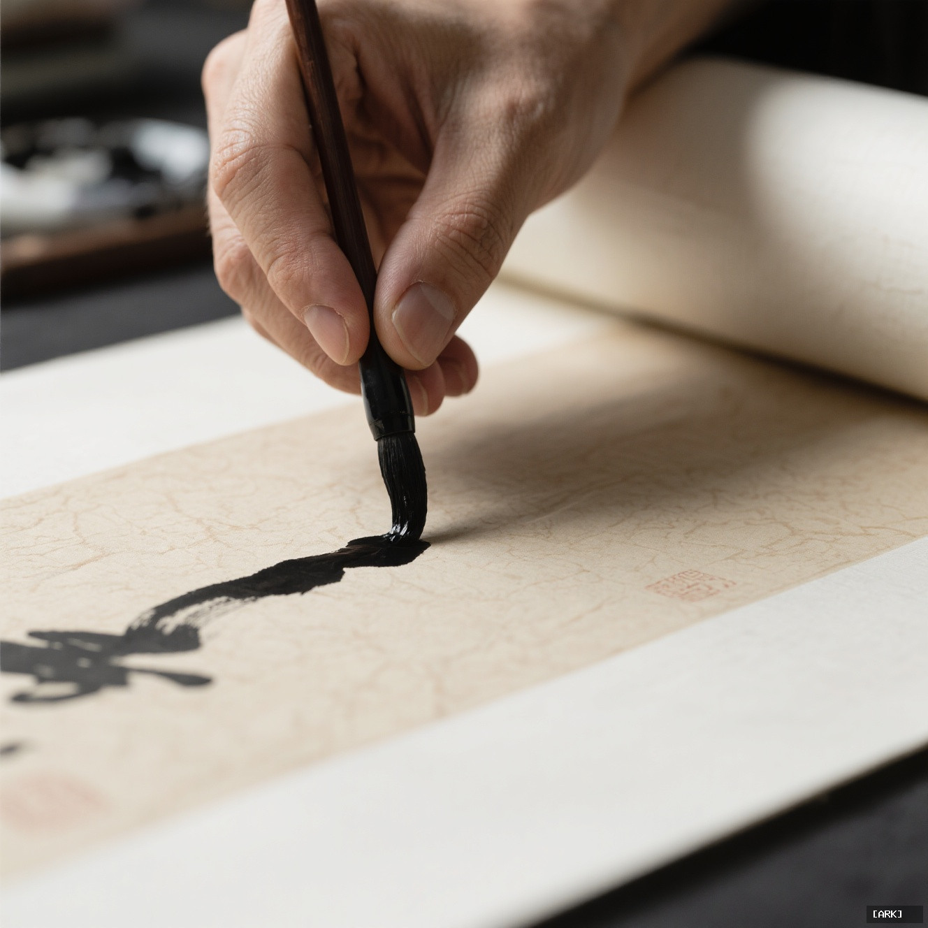A close-up of an artist's hand applying ink to a sheet of…, featuring Chinese scroll art