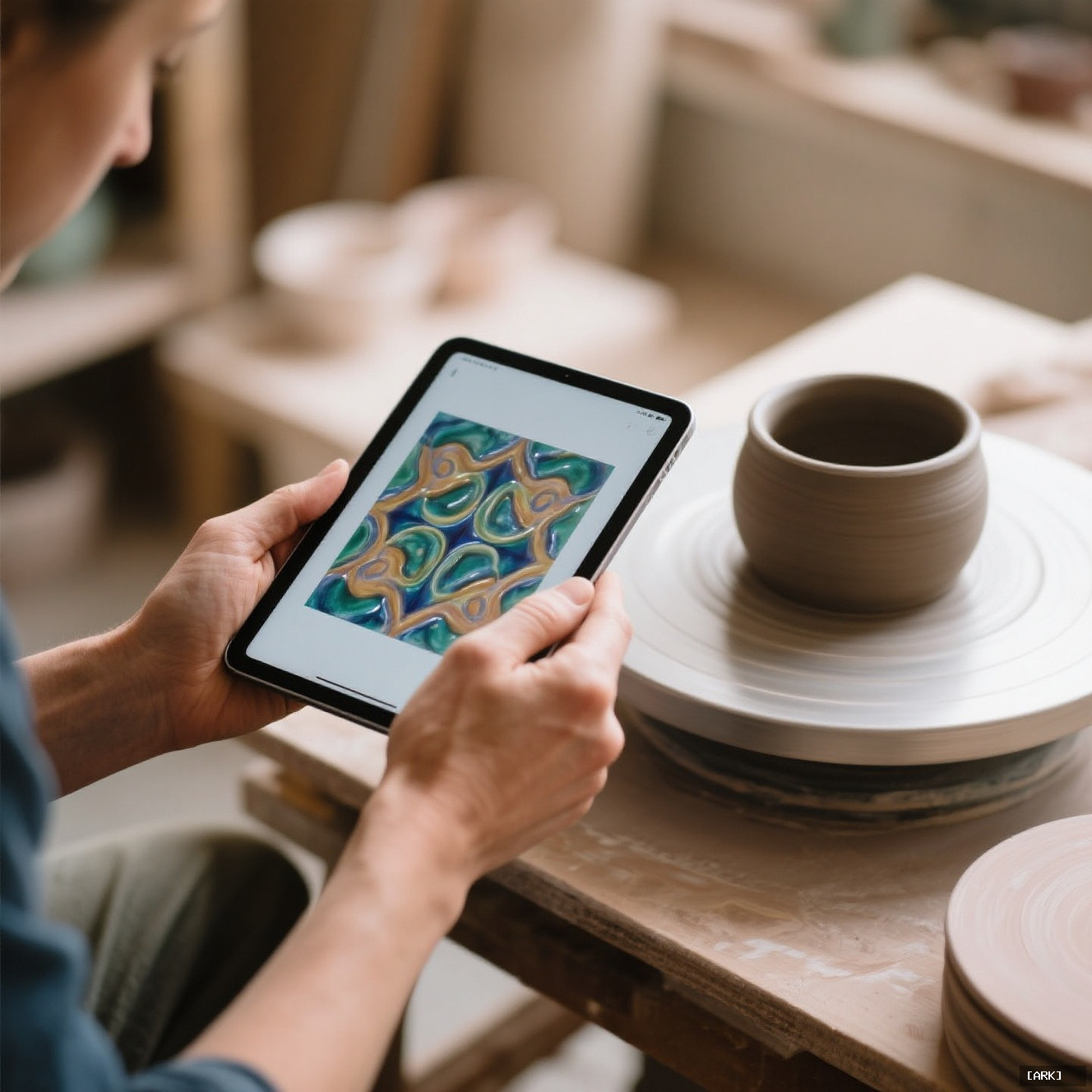 close-up of potter's hands using a tablet to design a glaze pattern&hellip;, featuring Custom ceramic gifts