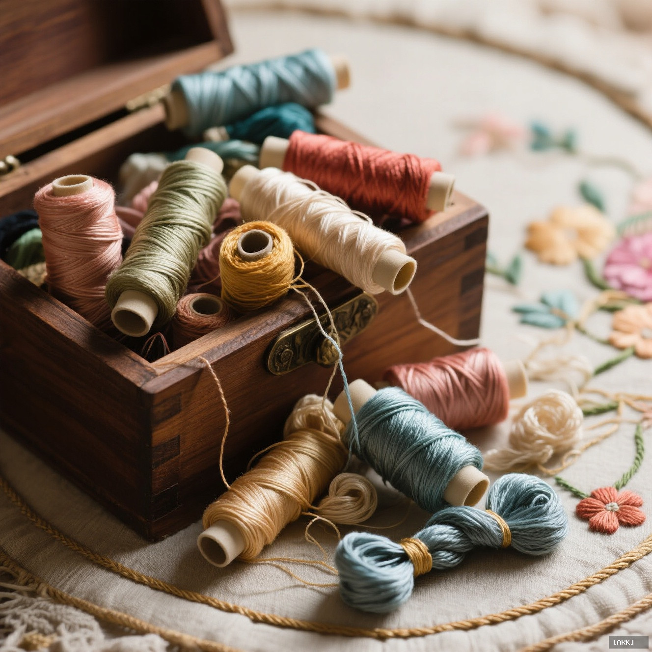 close-up of different types of silk embroidery threads spilling from a wooden&hellip;, featuring Embroidery silk threads
