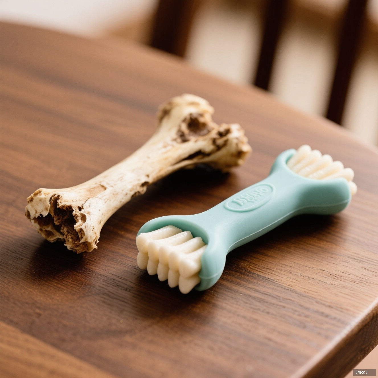A close-up of a modern dental chew next to an old gnawed&hellip;, featuring Dog dental chews