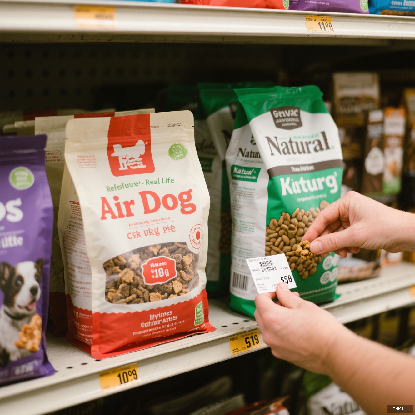 A person comparing price tags on a bag of air dried dog…, featuring Air dried dog food