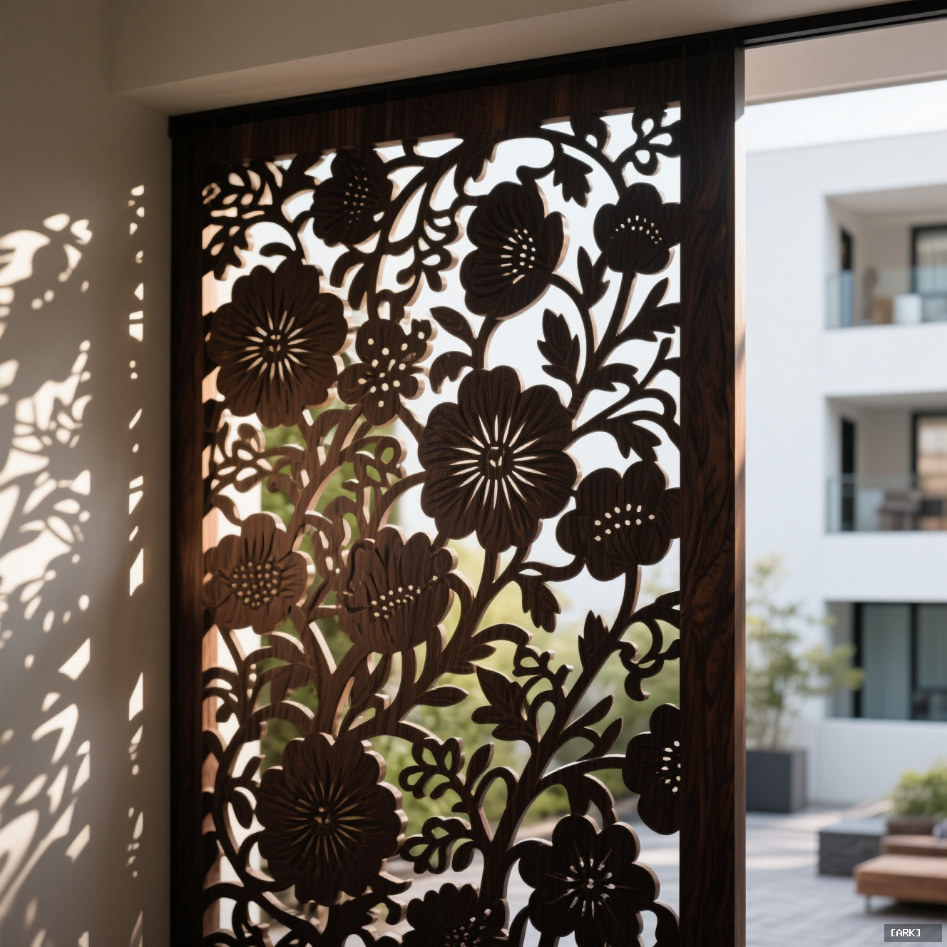 Close-up detail of light passing through intricate floral lattice carving on a&hellip;, featuring Courtyard screen (Pingfe…
