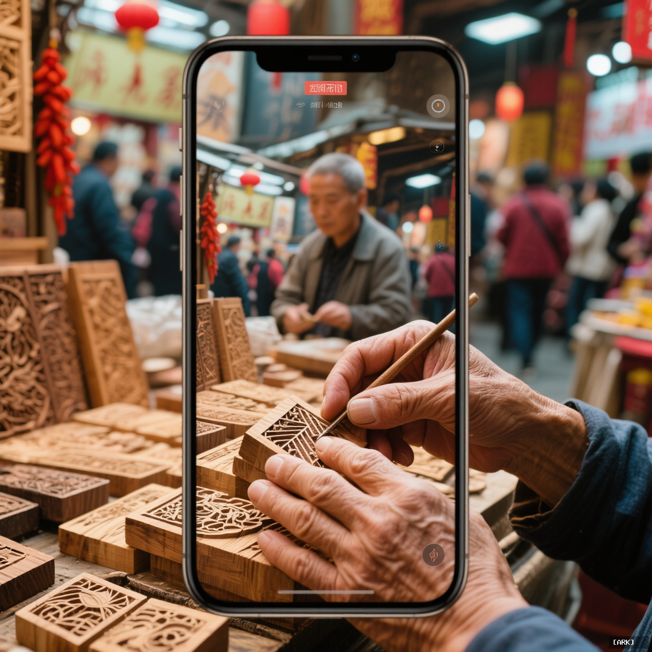 vertical smartphone video frame focusing on artisan's hands carving intricate woodblock at&hellip;, featuring Craft fairs …