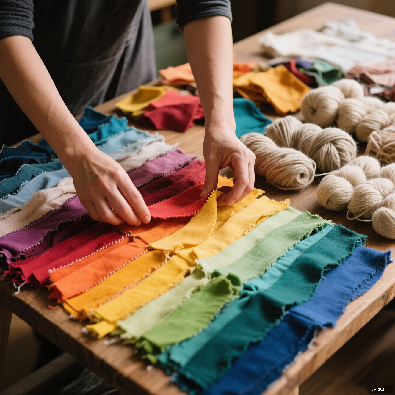Close-up of hands sorting colorful fabric scraps and natural wool yarns on&hellip;, featuring DIY craft kits