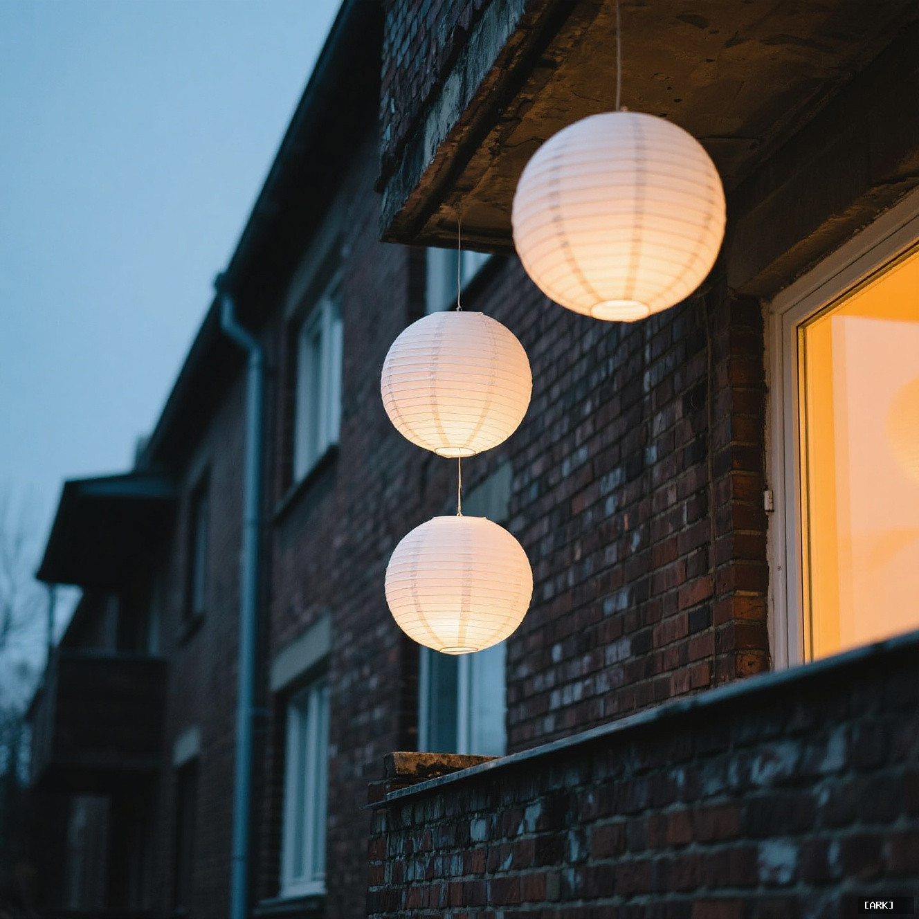 A weathered brick apartment balcony at dusk with three simple white paper&hellip;, featuring Decorative paper lanterns