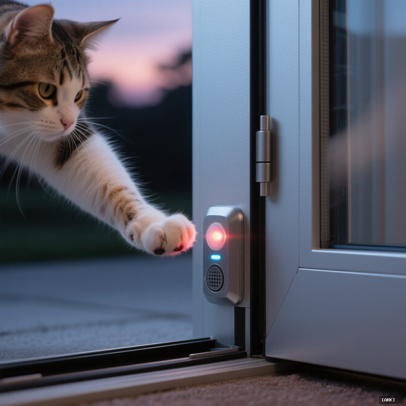 close-up detail of a cat's paw triggering an infrared sensor on a…, featuring Automatic pet door