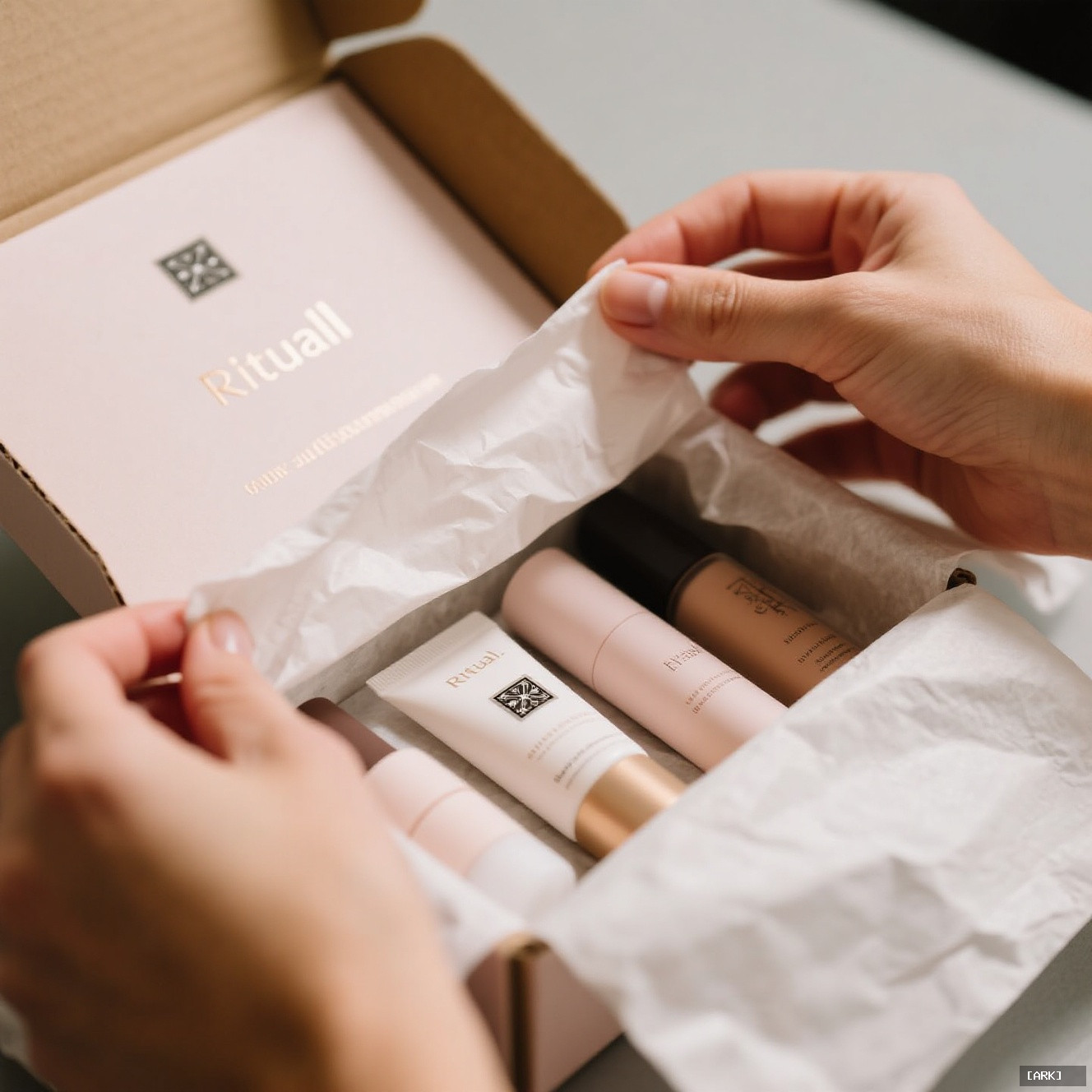 Close-up of hands carefully unboxing a beauty subscription box tissue paper pulled&hellip;