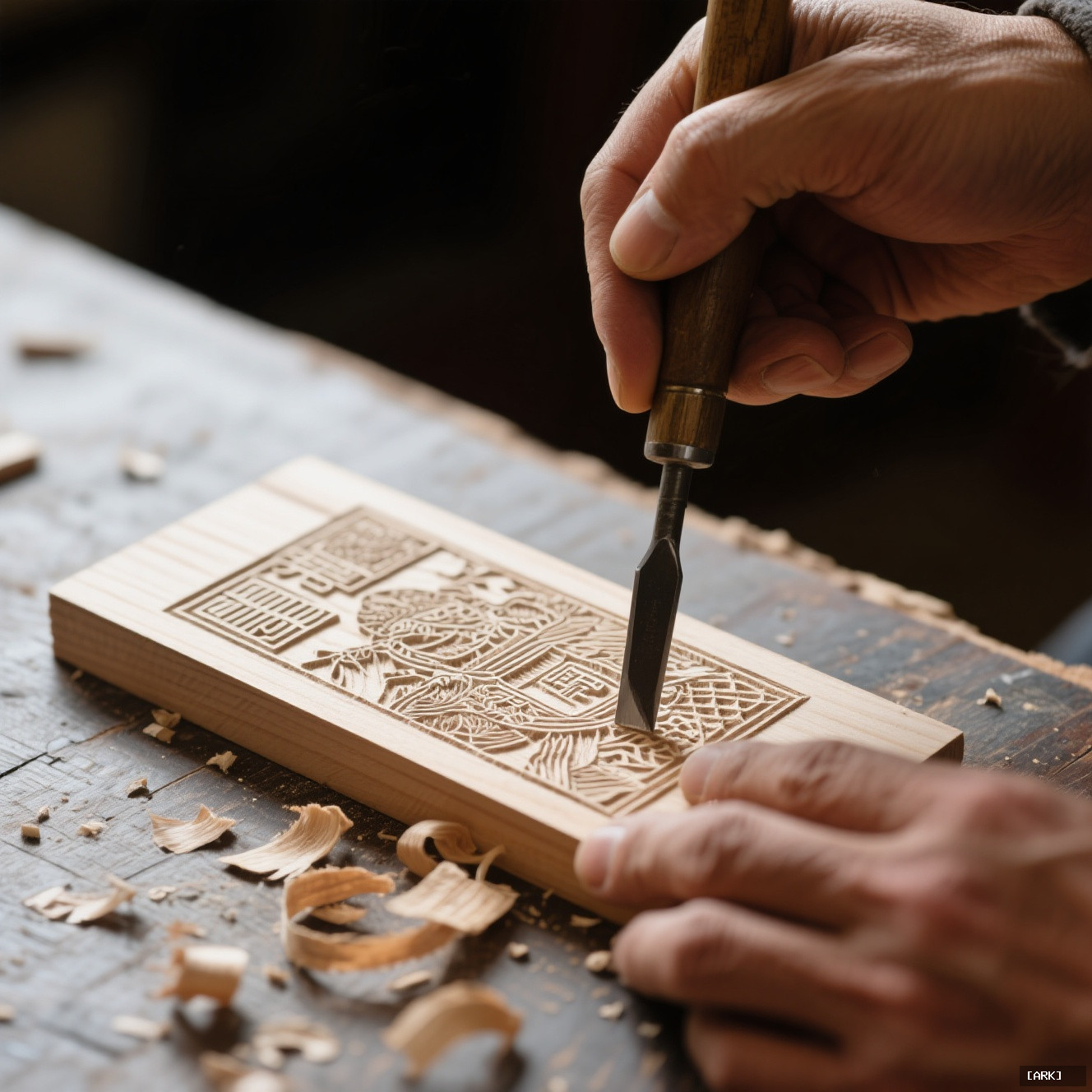 Close-up of a carver's hand using a chisel on a detailed woodblock&hellip;, featuring Chinese woodblock prints