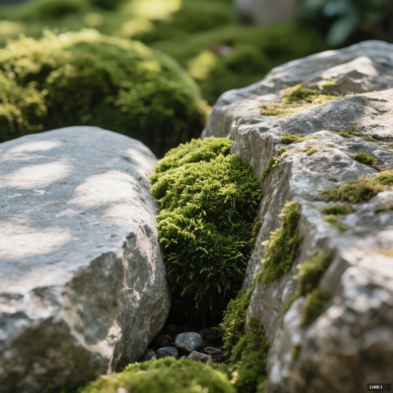 Close-up detail of textured moss growing between two contrasting stones one smooth&hellip;, featuring Courtyard rock garde…
