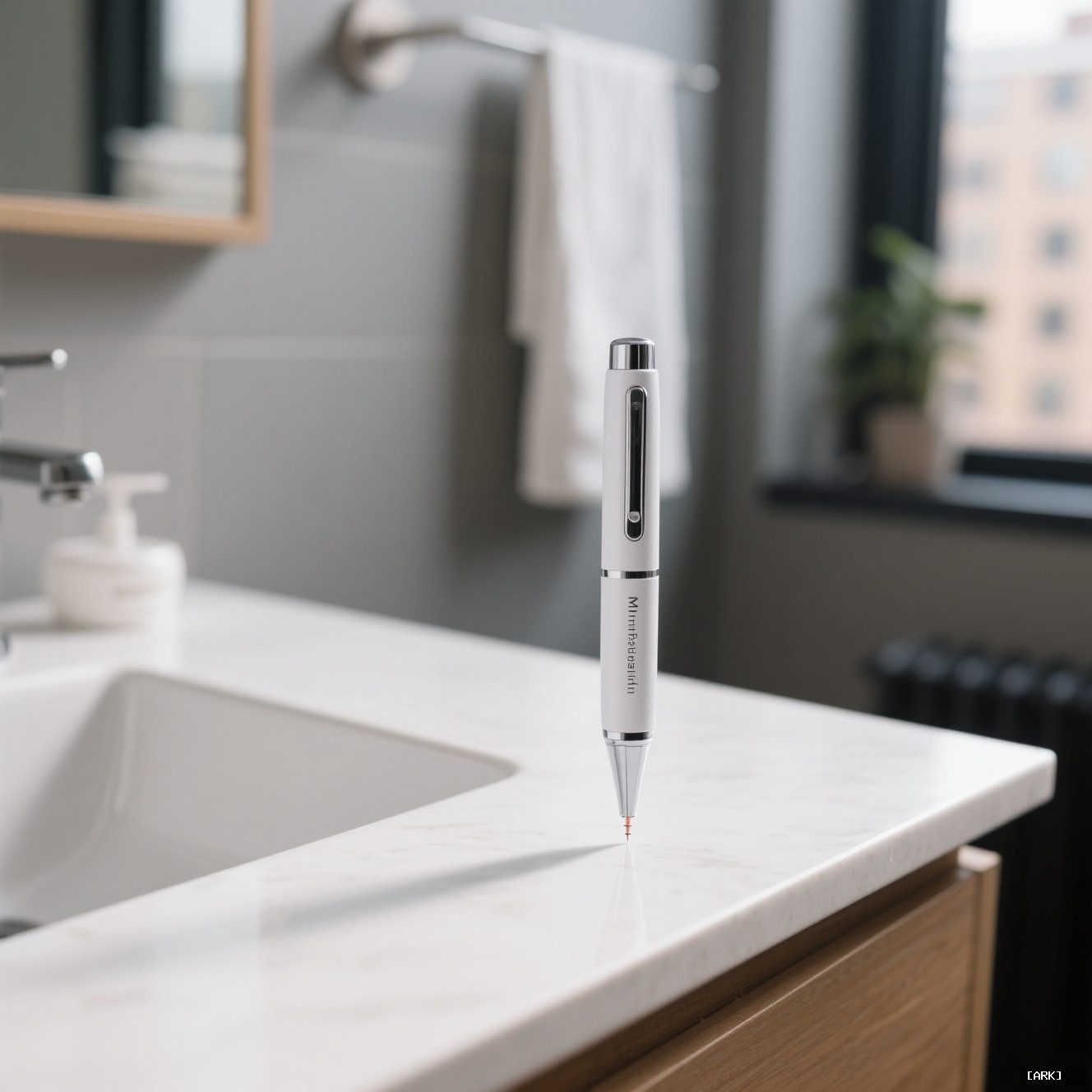 Close-up photo of a modern microneedling pen device on a clean minimalist&hellip;, featuring At home microneedling pen